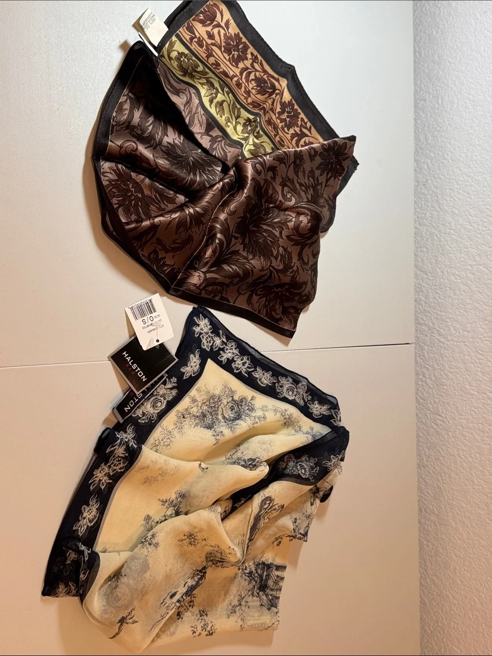 Halston Heritage Black and Ivory Floral Print Silk Scarf, Brown toned silk scarf